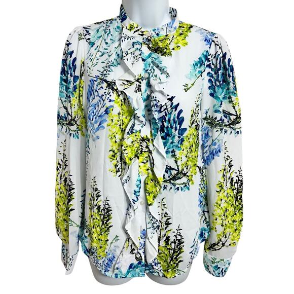 Worthington Floral Long-Sleeve Blouse Sz Small Button Front Ruffle Career Office - Picture 3 of 5